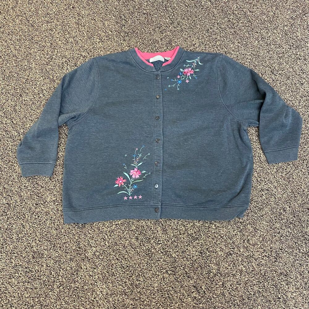Grandmacore Shenanigans 3X Floral Embroidered Button Front Cardigan Sweatshirt